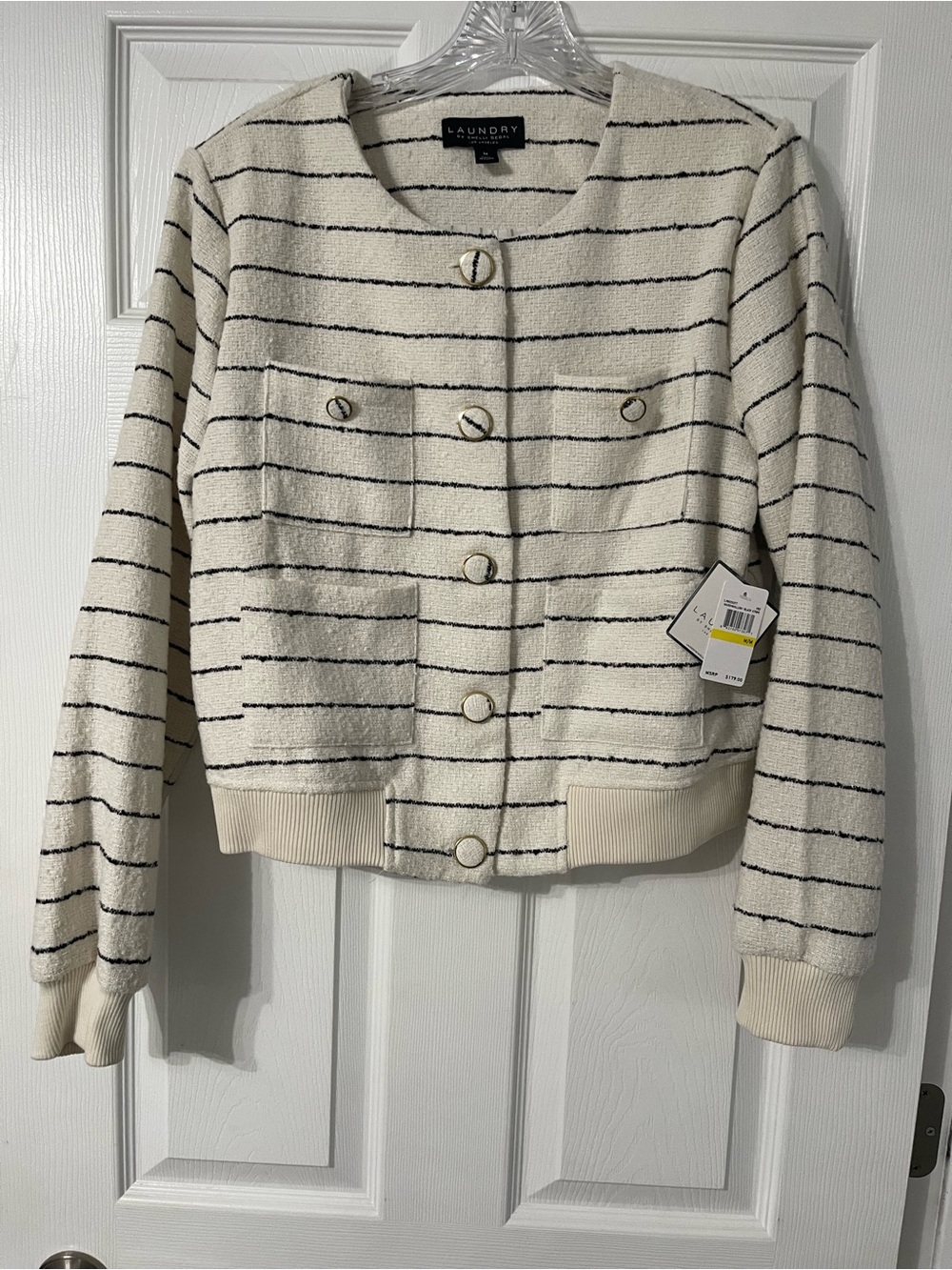 Laundry By Shelli Segal Cream and Black Striped Tweed Jacket with Gold Accent
